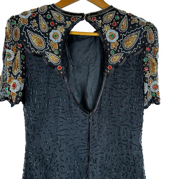 Laurence Kazar Short Sleeve Bodycon Beaded Black Mini Silk Dress Womens L Petite - Picture 9 of 16